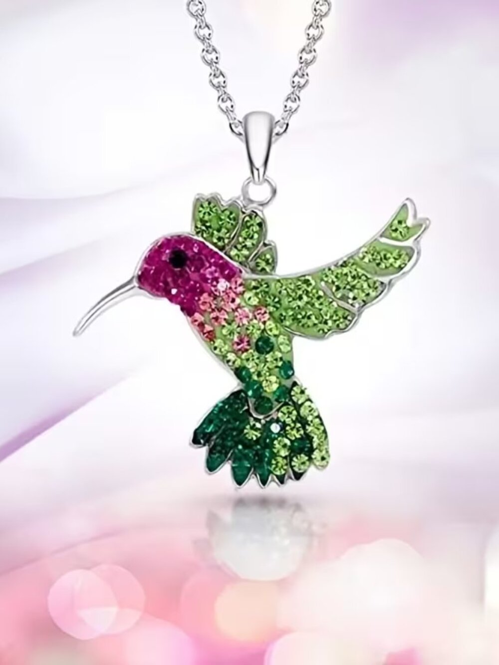 Hummingbird Crystal Pendant Necklace and Earrings Set - Pink & Green - Picture 3 of 5